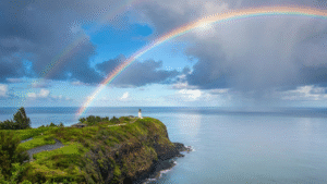 Kauai North Shore view of the Kilauea Lighthouse with rainbow from Secret Beach House