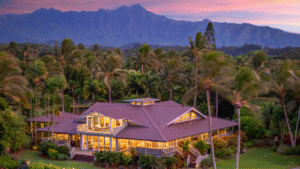 Secret Beach House at golden hour with the Haleleʻa Mountains as a backdrop.