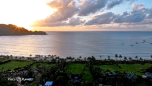 Hanalei Bay sunset view from top floor of a Kauai vacation rental